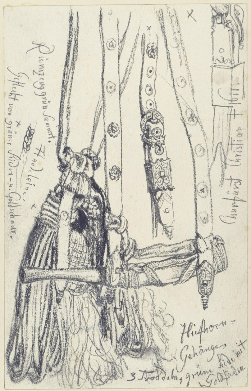 Jakthorn, hornrem och hornskörd till Johan Georg I av Sachsens smaragdprydda jaktvapenutrustning, Historiska museet, Dresden av Adolph Menzel