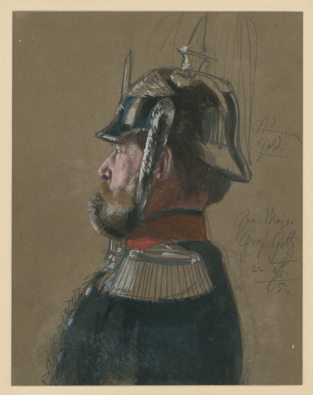 Karl Friedrich greve von Goltz, generalmajor, bröstbild med hjälm och värja, profil åt vänster, porträttstudie till ”Kröningen av Wilhelm I i Königsberg” av Adolph Menzel