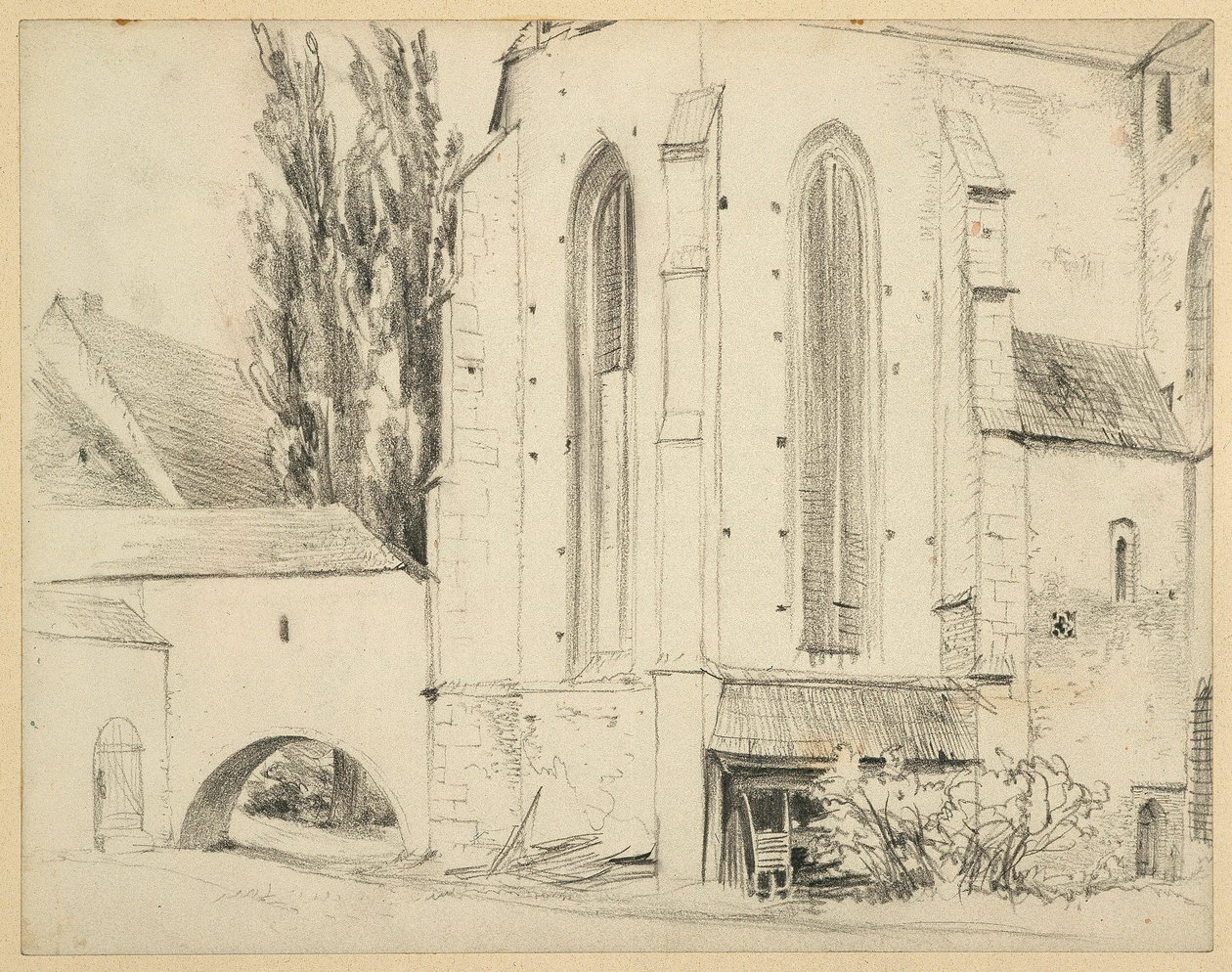Den katolska församlingskyrkan St. Martin i Jauer, sedd från nordost av Adolph Menzel
