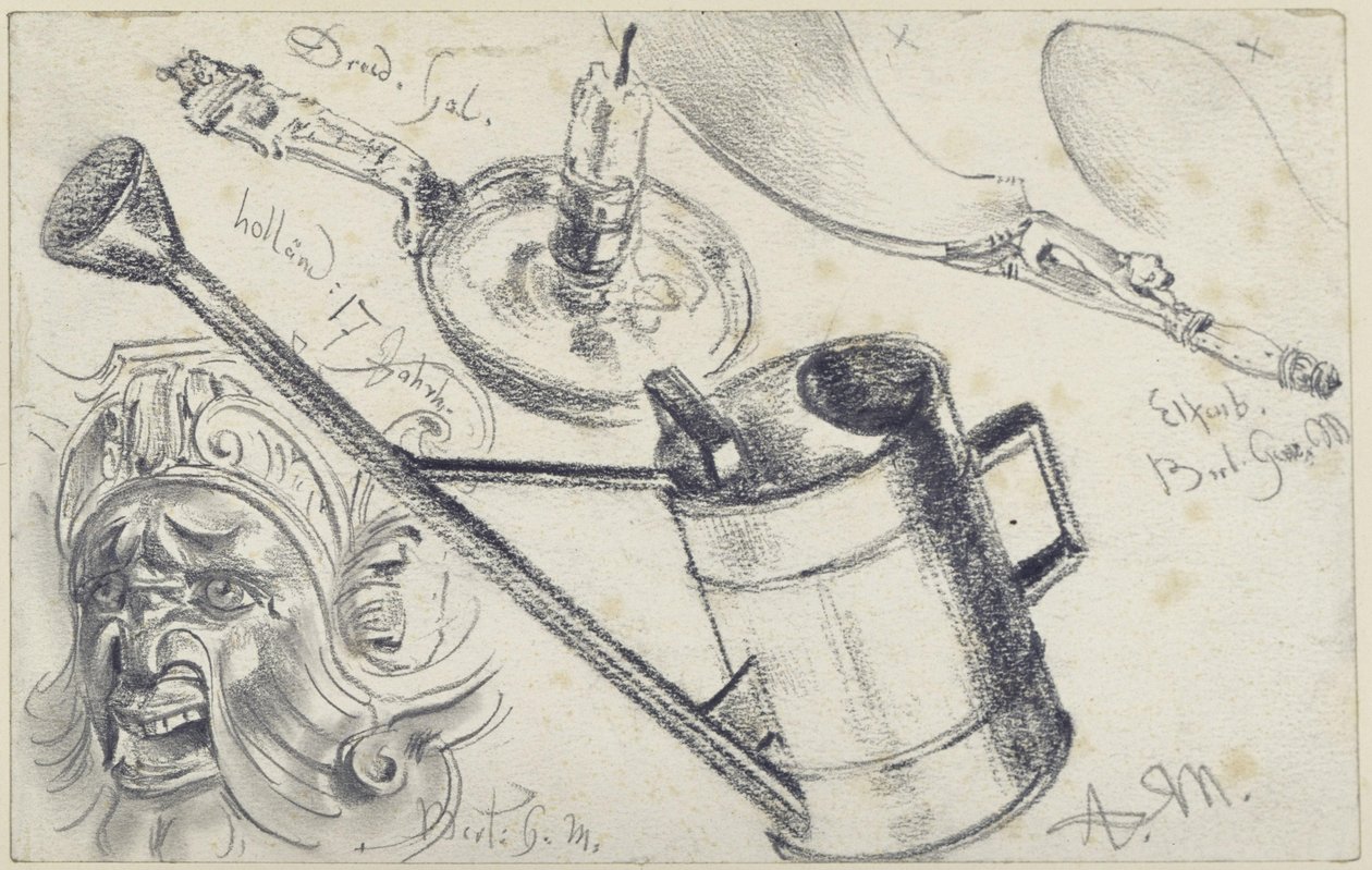 Ljusstake från galleriet i Dresden, föremål i elfenben (skohällare) och mask från konsthantverksmuseet i Berlin samt en vattenkanna av Adolph Menzel