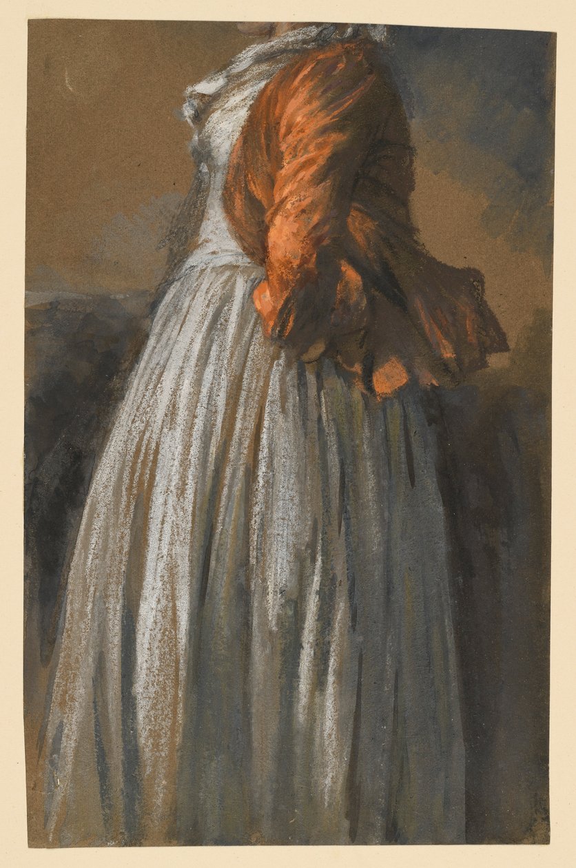 Studie av klänning och jacka på en kvinnlig figur som står vänd åt höger av Adolph Menzel