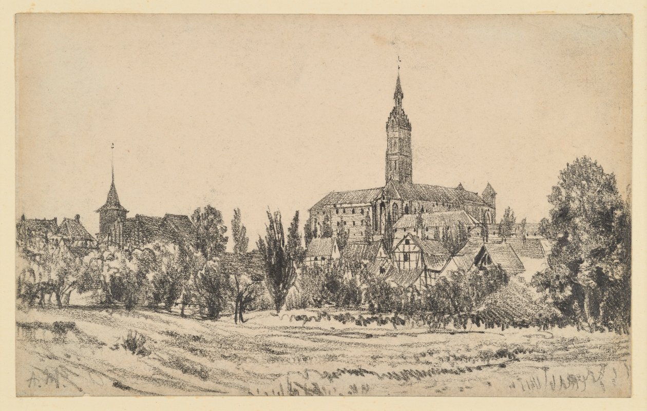 En liten stad med ett högt kyrktorn av Adolph Menzel