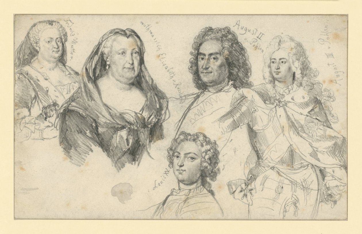 Drottning Sofia Dorothea av Preussen, kejsarinnan Elisabet av Ryssland, kung August II av Polen, kung August III av Polen, Ludvig XV av Frankrike av Adolph Menzel
