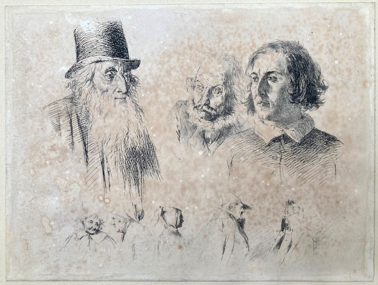 Huvud- och figurstudier, blad 2 ur serien ”Radir-försök” av Adolph Menzel