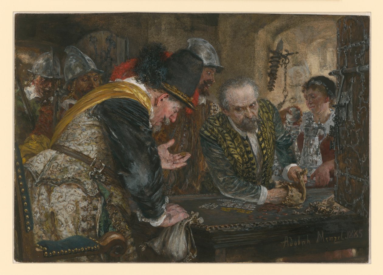 Krigsskatt, soldater - deras kapten till vänster - tar emot pengar och silver från en äldre man av Adolph Menzel