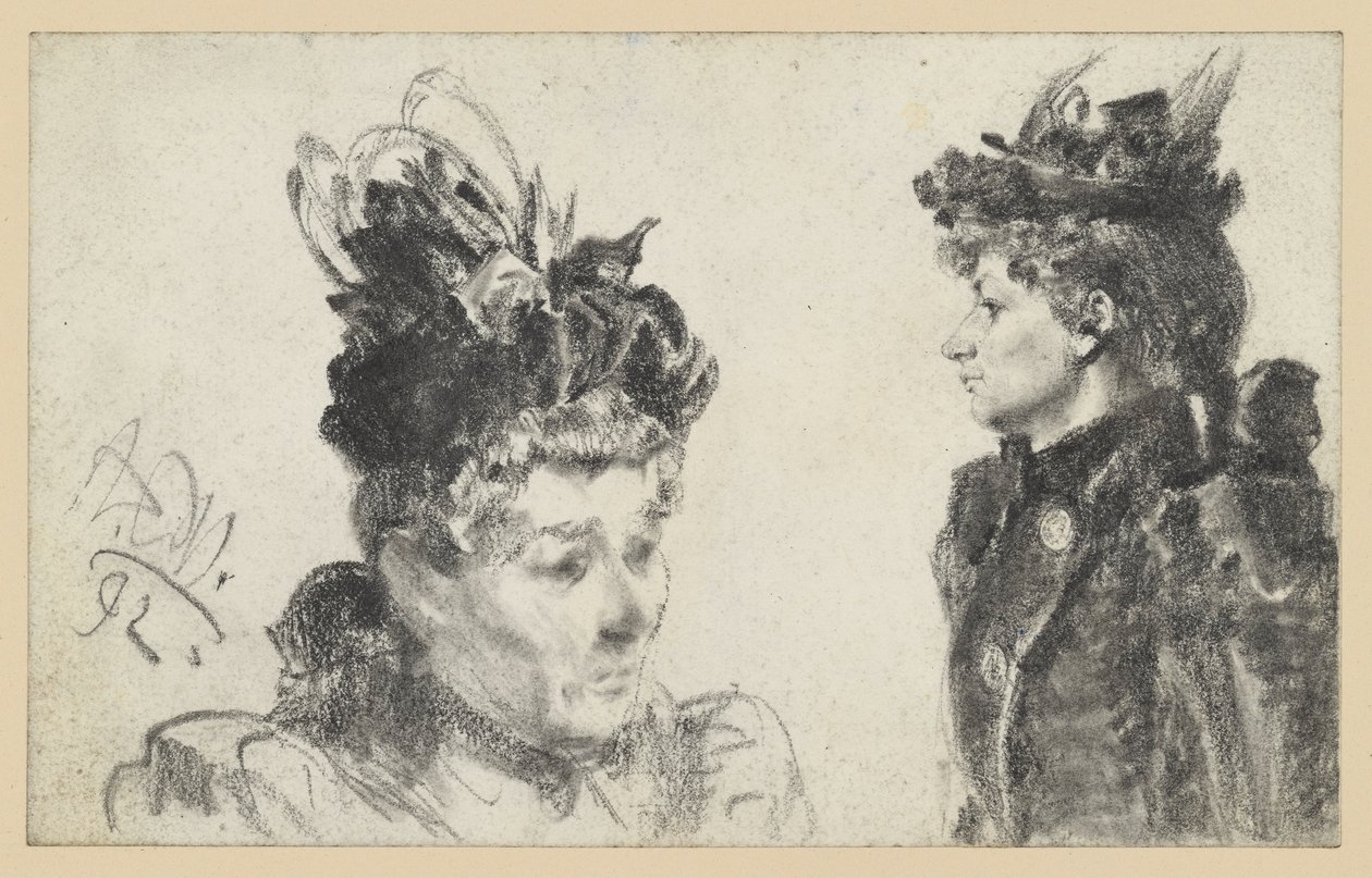 Huvud av en kvinna med fjäderhatt vänt åt höger, bröstbild av en kvinna med hatt i profil vänd åt vänster av Adolph Menzel