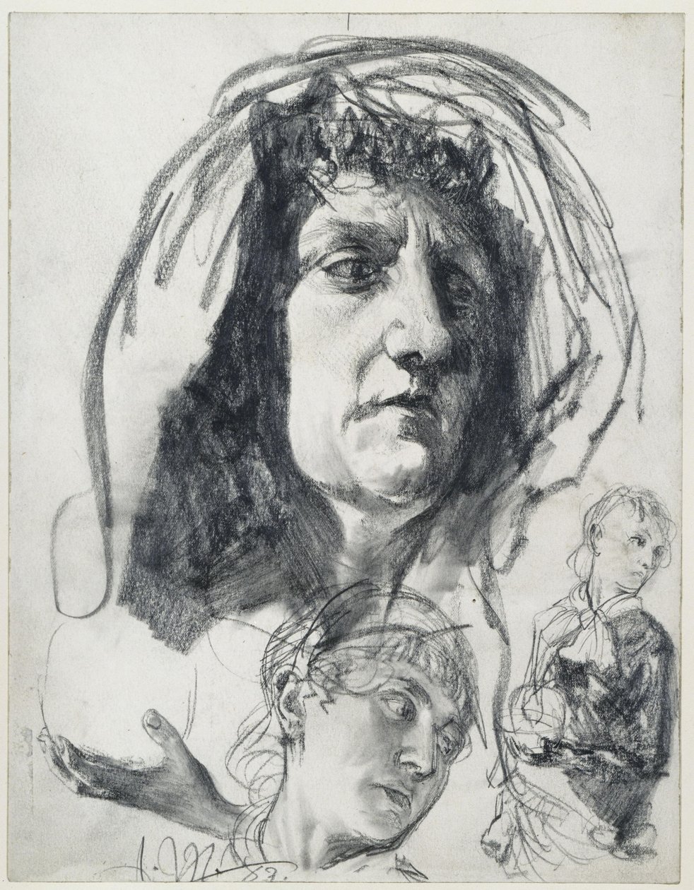 Huvud av en äldre kvinna med sjal, studier av en yngre kvinna med melonhatt. Modellstudier till ”Piazza d’Erbe” av Adolph Menzel