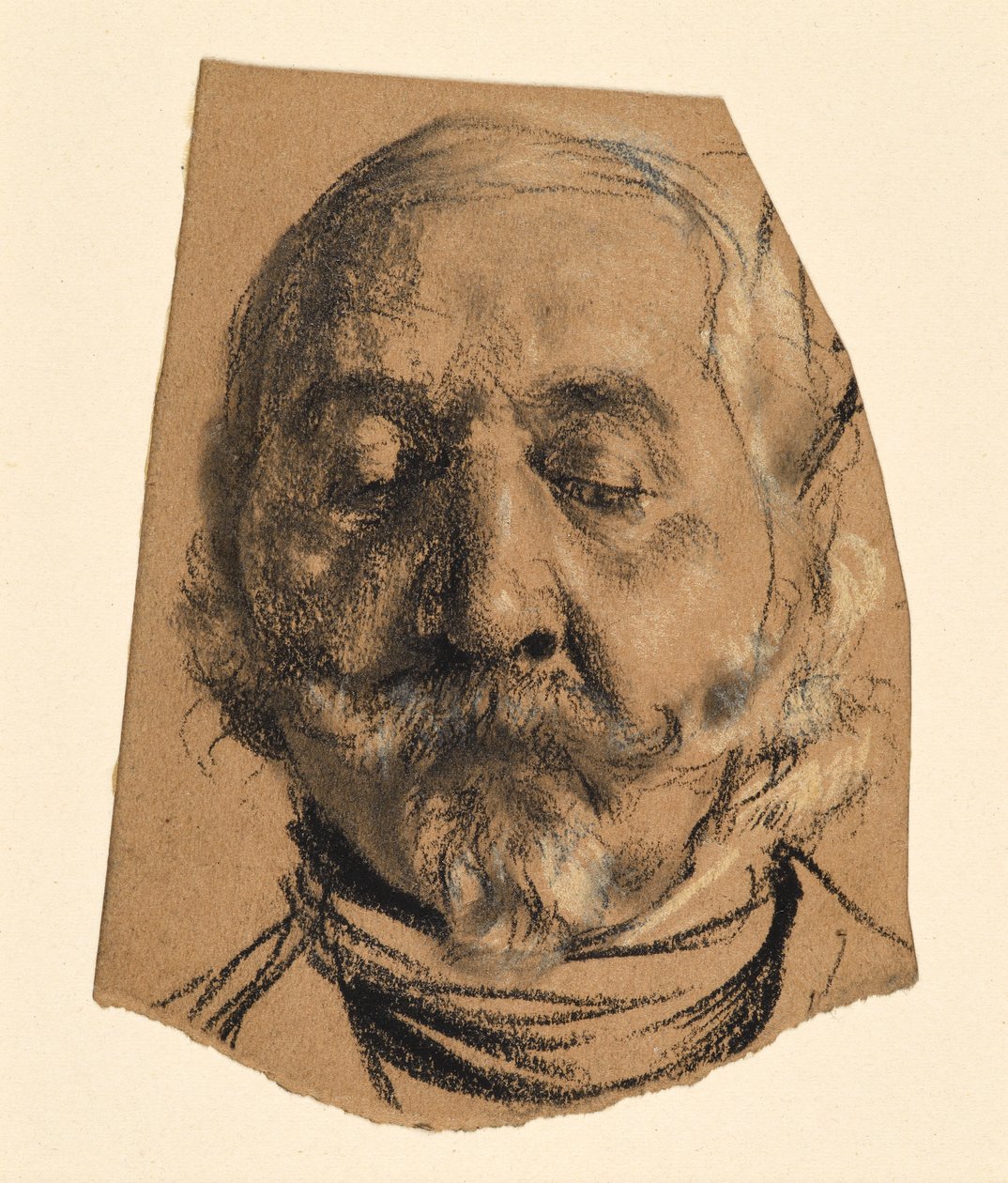 En mans huvud med mustasch, pipskägg och slutna ögon av Adolph Menzel