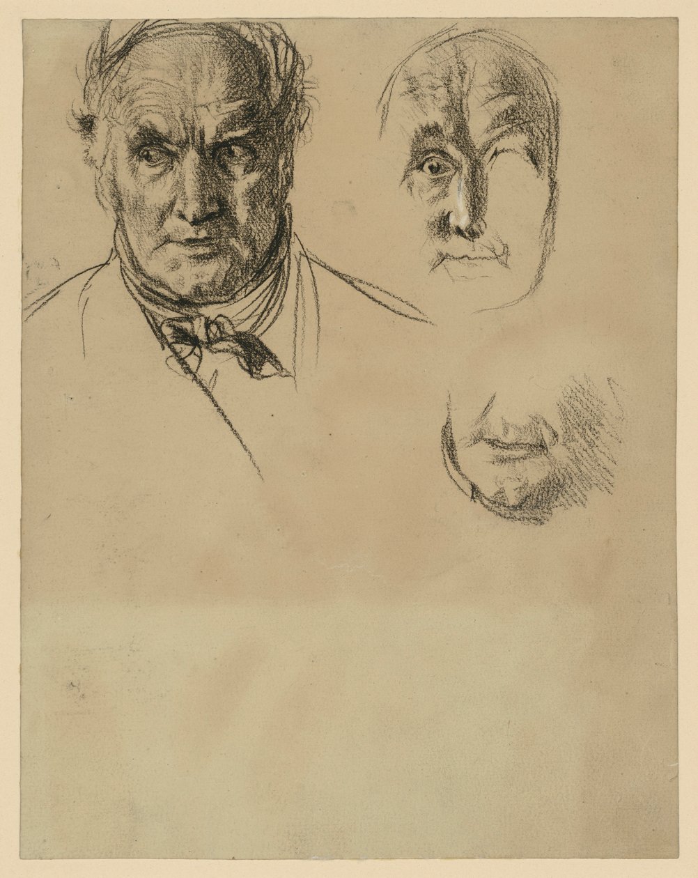 Huvudet på en äldre man med halsduk och två detaljstudier av ansiktet av Adolph Menzel