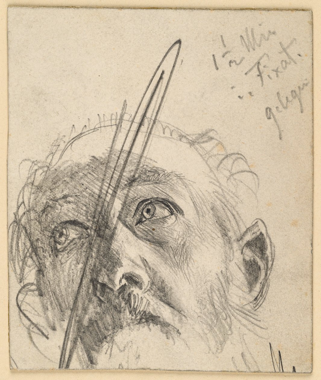Huvud av en uppåtblickande man med mustasch, huvudet något lutat åt sidan av Adolph Menzel