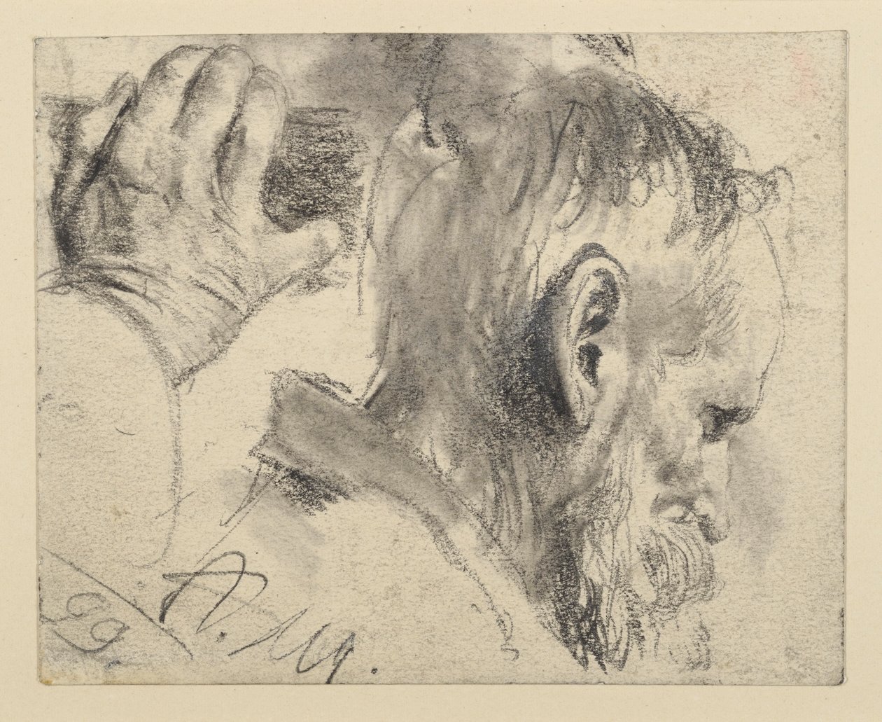 Huvudet på en skäggig man, något nedböjt, åt höger och högerhanden av Adolph Menzel