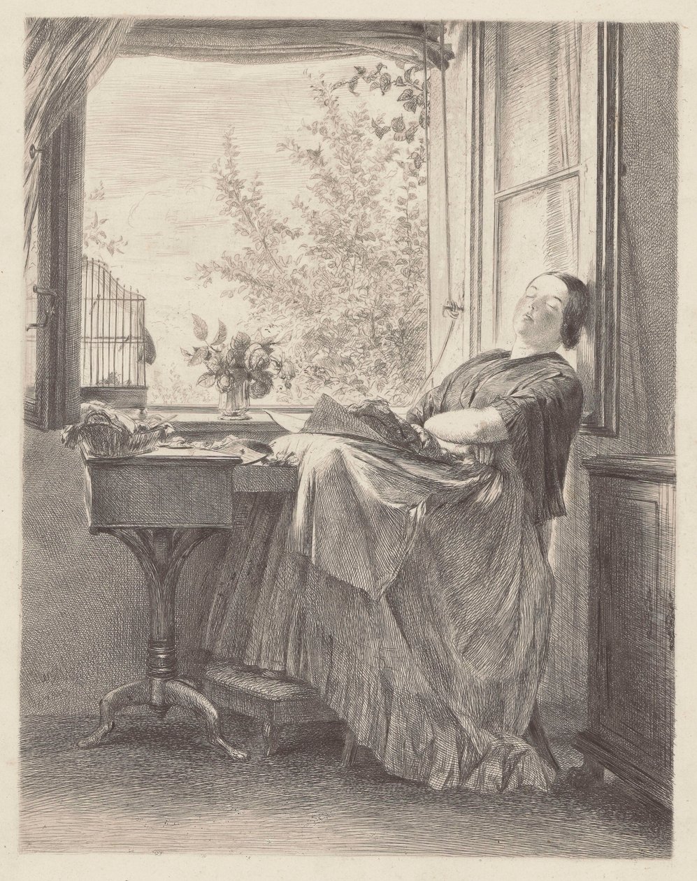 Sömmerska sovande vid fönstret (Emilia, Menzels syster, senare fru Krigar). av Adolph Menzel