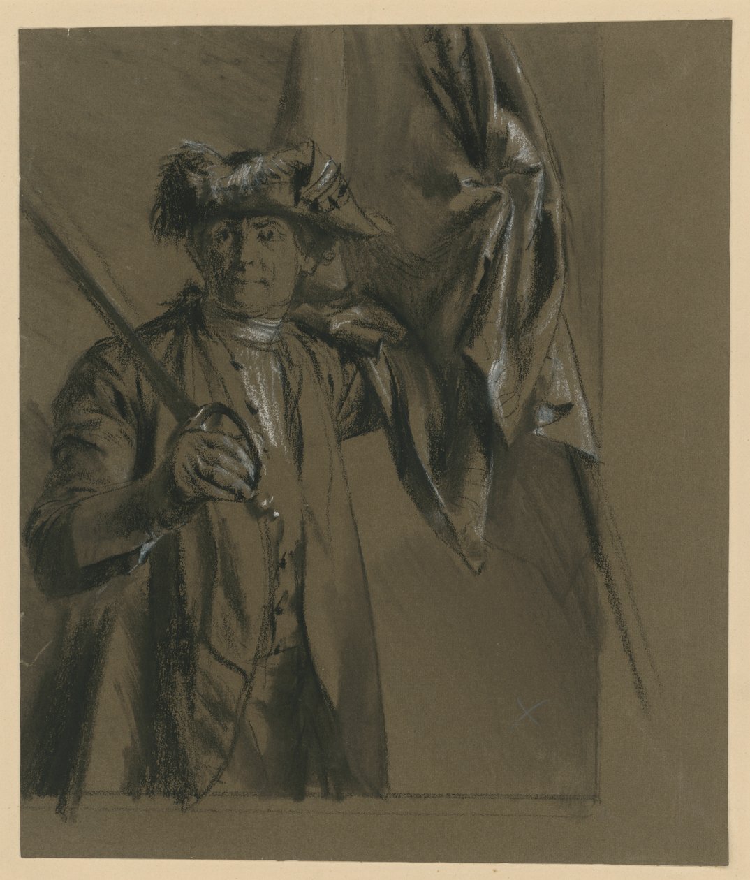 Kurt Christoph, greve von Schwerin, preussisk generalfältmarskalk med fana och värja, modellstudie till "Från kung Fredriks tid. Krigets och fredens hjältar", 1856 (till Bock 1070) av Adolph Menzel