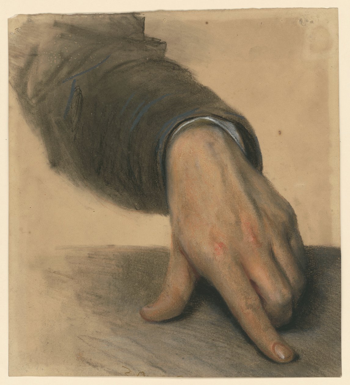 Vänster hand med underarmen i ärmen, tummen och pekfingret utsträckta mot en yta av Adolph Menzel