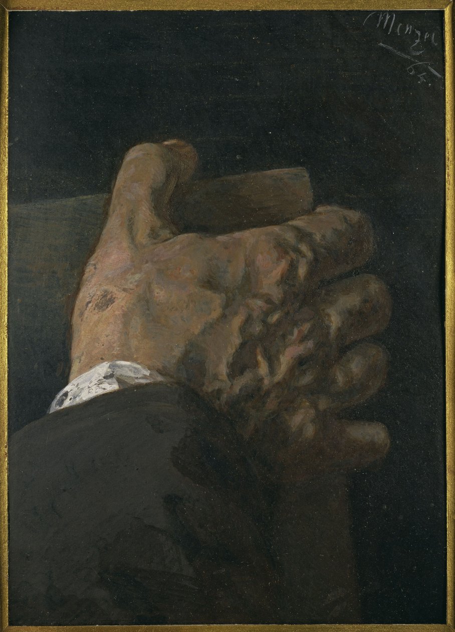 Manlig hand som håller en tavla av Adolph Menzel