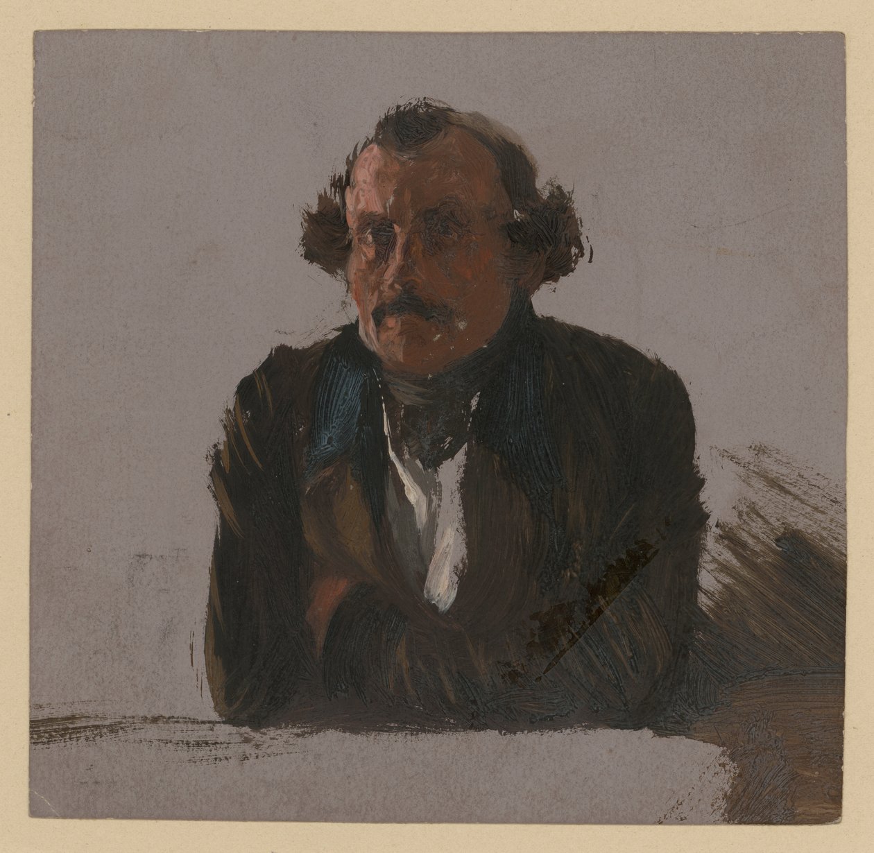 Porträtt av en man från bröstet med korsade armar, stödd, framifrån av Adolph Menzel