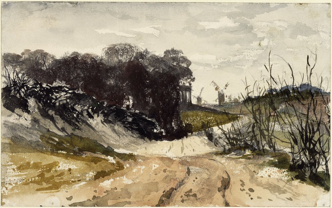 Landskap i Märken med väderkvarnar i bakgrunden av Adolph Menzel