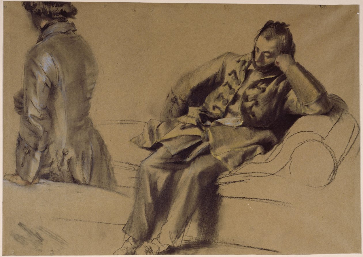 En man i snörrock sitter på soffan, en annan går förbi av Adolph Menzel