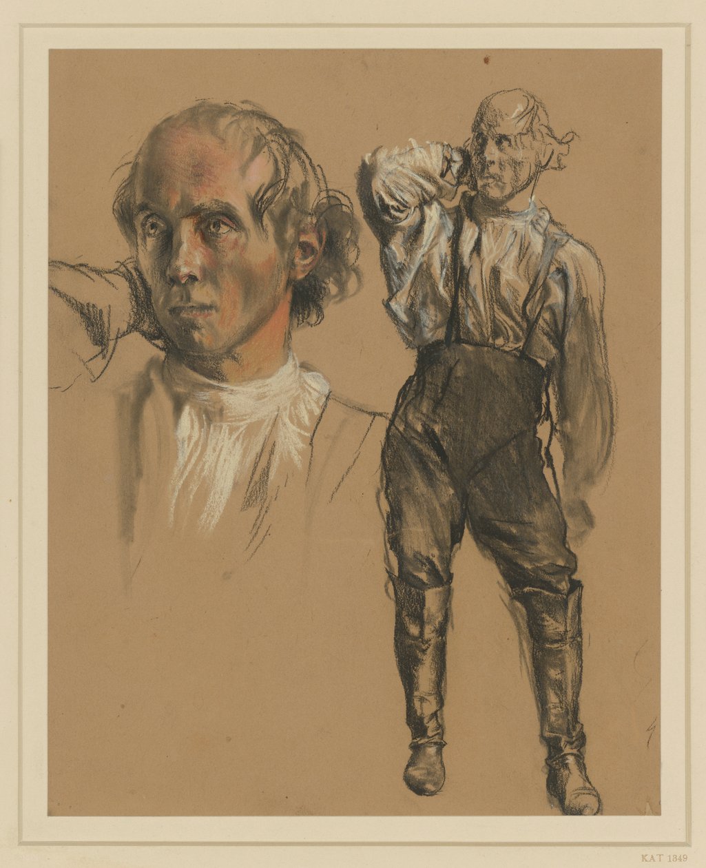 Man i skjorta, byxor och höga stövlar, stående en face, med högra handen i nacken, blick åt vänster, till vänster: större huvudstudie av Adolph Menzel