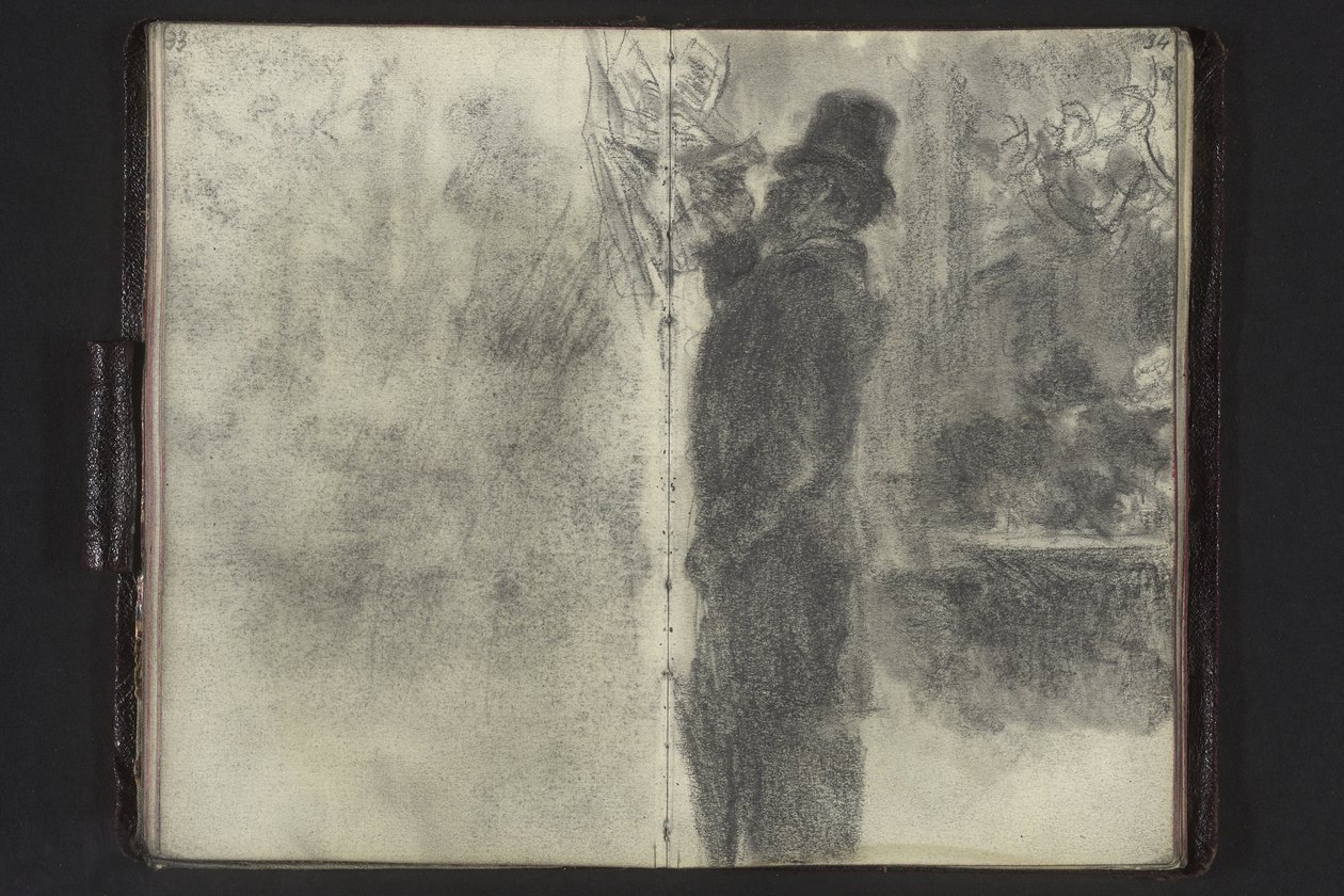 En man med hög hatt och paraply som tittar igenom lappar som hänger på väggen av Adolph Menzel