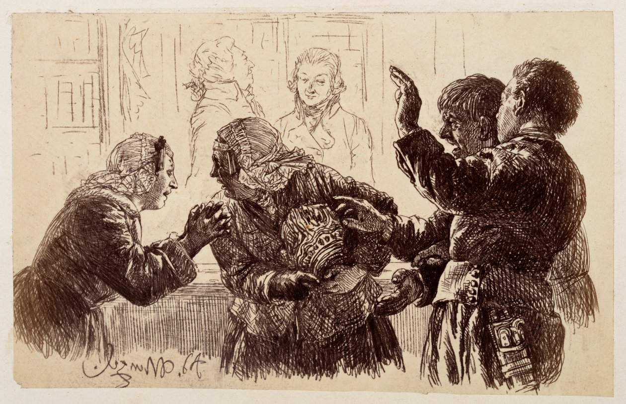 Marthe, med krukskärvorna i famnen, står mellan Veit och Ruprecht, och Eve ber sin mor att avstå från att klaga, ur Heinrich von Kleists ”Den trasiga kruksen” av Adolph Menzel