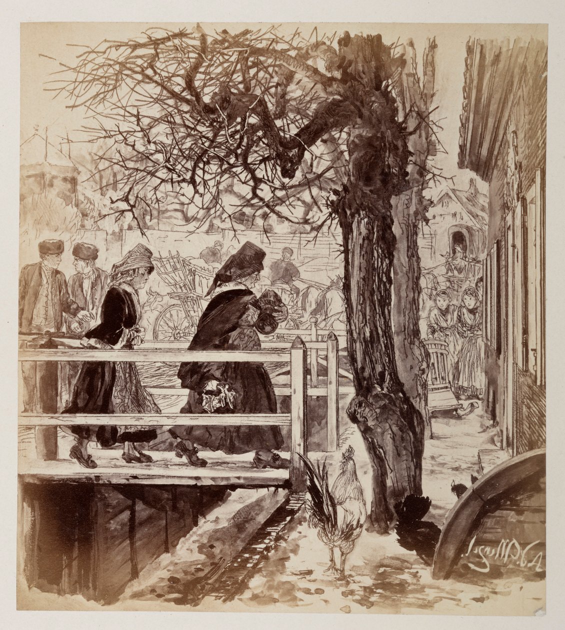 Marthe går åt vänster över en bro med skärvorna, följd av Eve; till höger ser man även Veit och hans son Ruprecht komma, till Heinrich von Kleists "Den sönderslagna krukan" av Adolph Menzel
