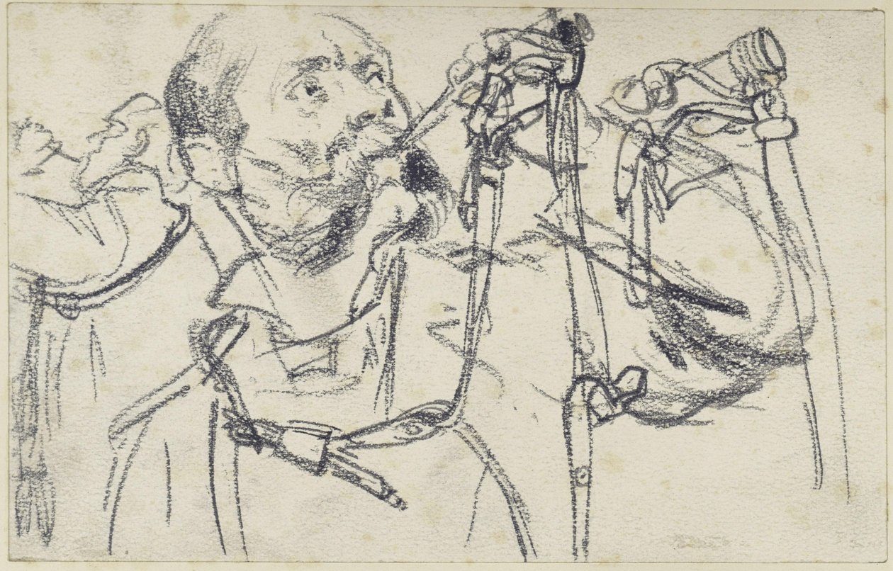 Modell som blåser i jakthornet till Johann Georg I av Sachsens smaragdgröna jaktvapenuppsättning, i tre vyer, Historiska museet, Dresden av Adolph Menzel