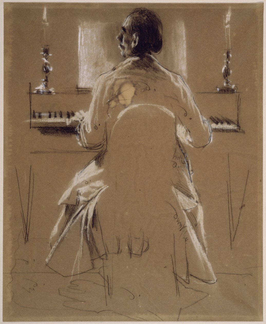 Modellstudie (Menzels bror Richard) för Philipp Emanuel Bach vid pianot respektive hammerflöjeln. Förstudie till målningen ”Fredrik den stores flöjtkonsert i Sanssouci” av Adolph Menzel