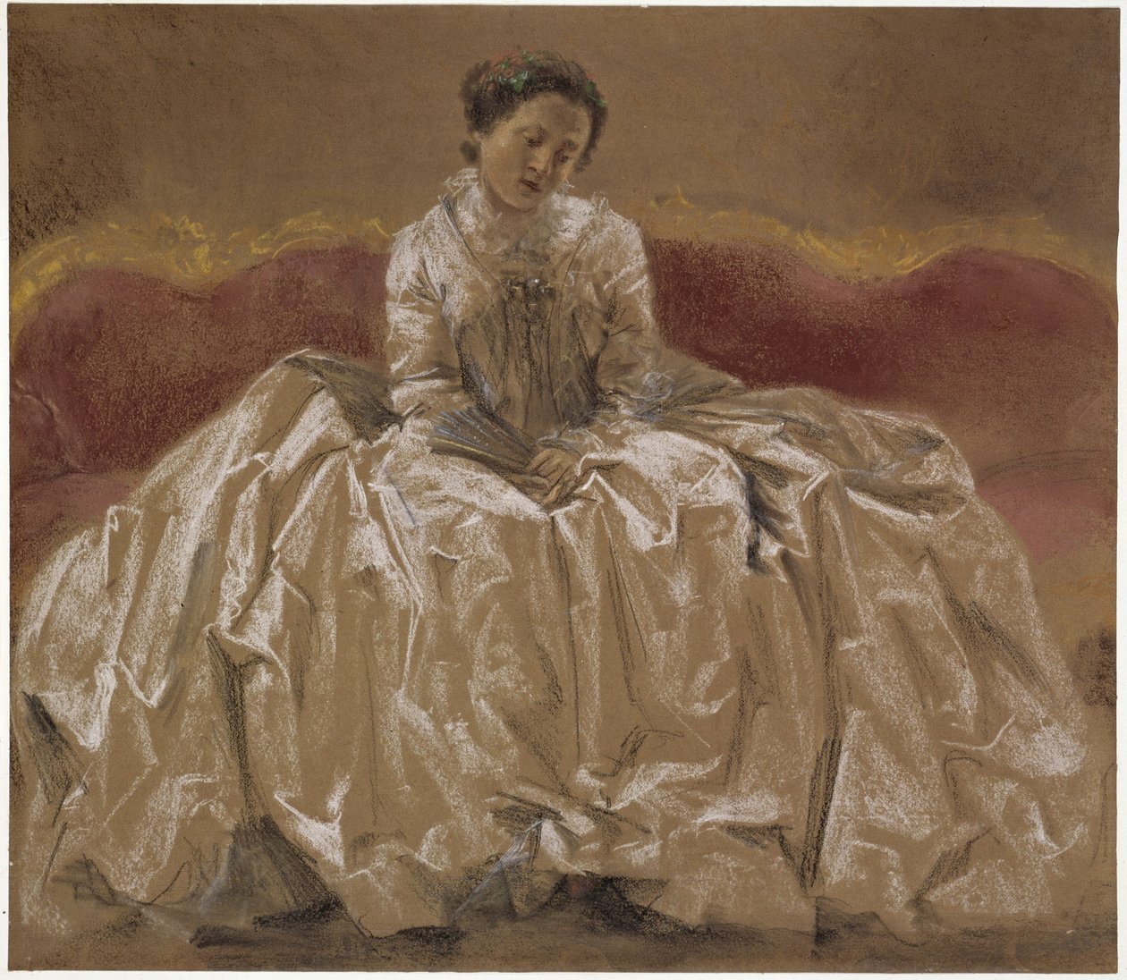 Modellstudie (Menzels syster Emilie) förställande prinsessan Wilhelmine av Preussen (markgrevinnan Wilhelmine av Bayreuth) sittande på soffan. Förstudie till målningen ”Fredrik den stores flöjtkonsert i Sanssouci” av Adolph Menzel
