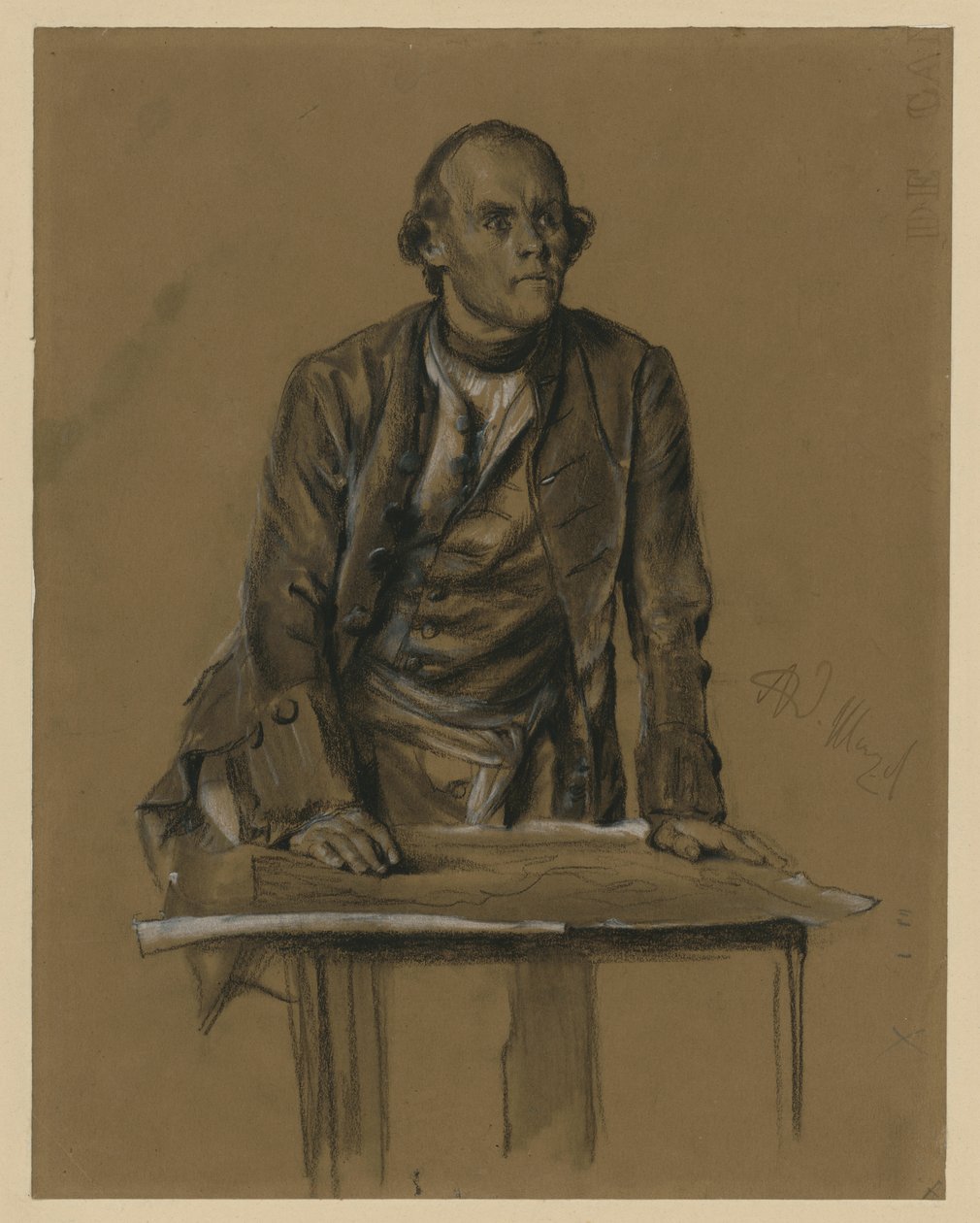 Modellstudie av prins Heinrich av Preussen, halvfigur i framifrånperspektiv, böjd över ett bord, ”Från kung Fredriks tid. Krigs- och fredshjältar”, 1856 (se Bock 1071) av Adolph Menzel