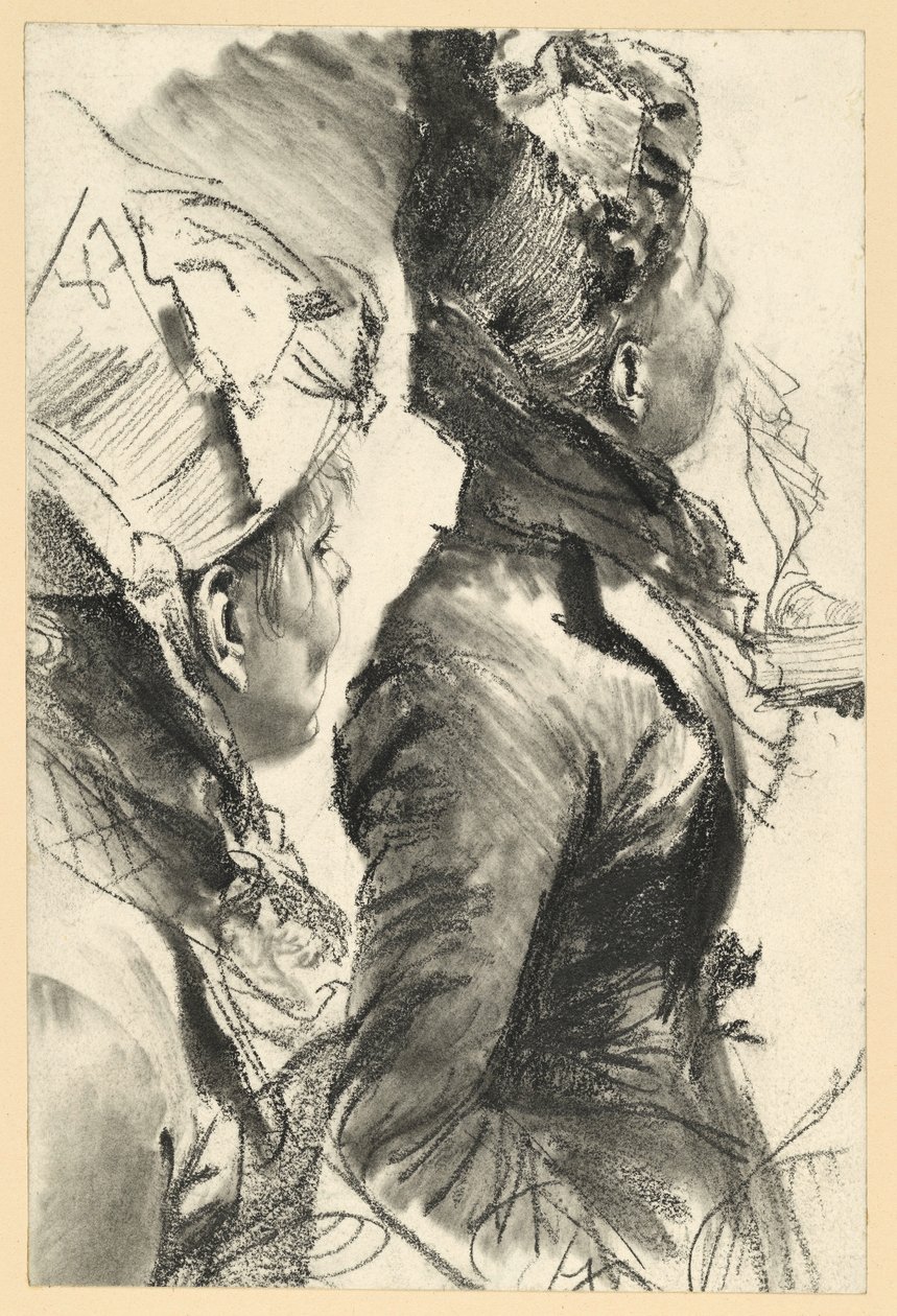 Kvinna med hatt som blickar uppåt åt höger, halvfigur i profil, två studier av Adolph Menzel
