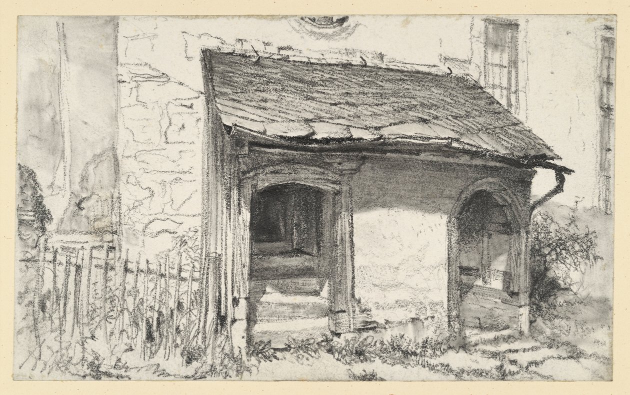 Låg farstukvist till en kyrka med två ingångar och staket av Adolph Menzel