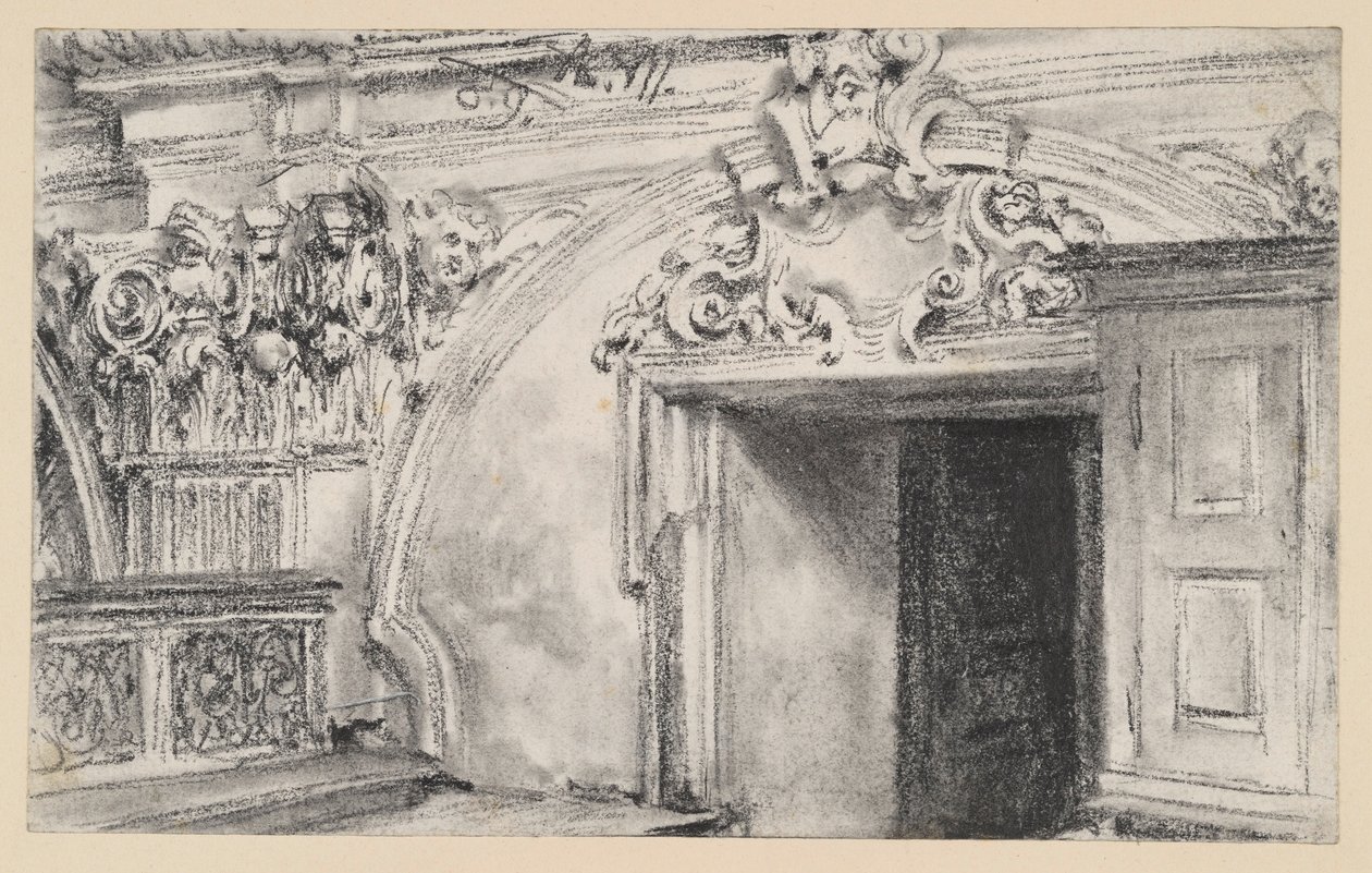 Den övre delen av dörrväggen i en sakristia med ett träskåp av Adolph Menzel