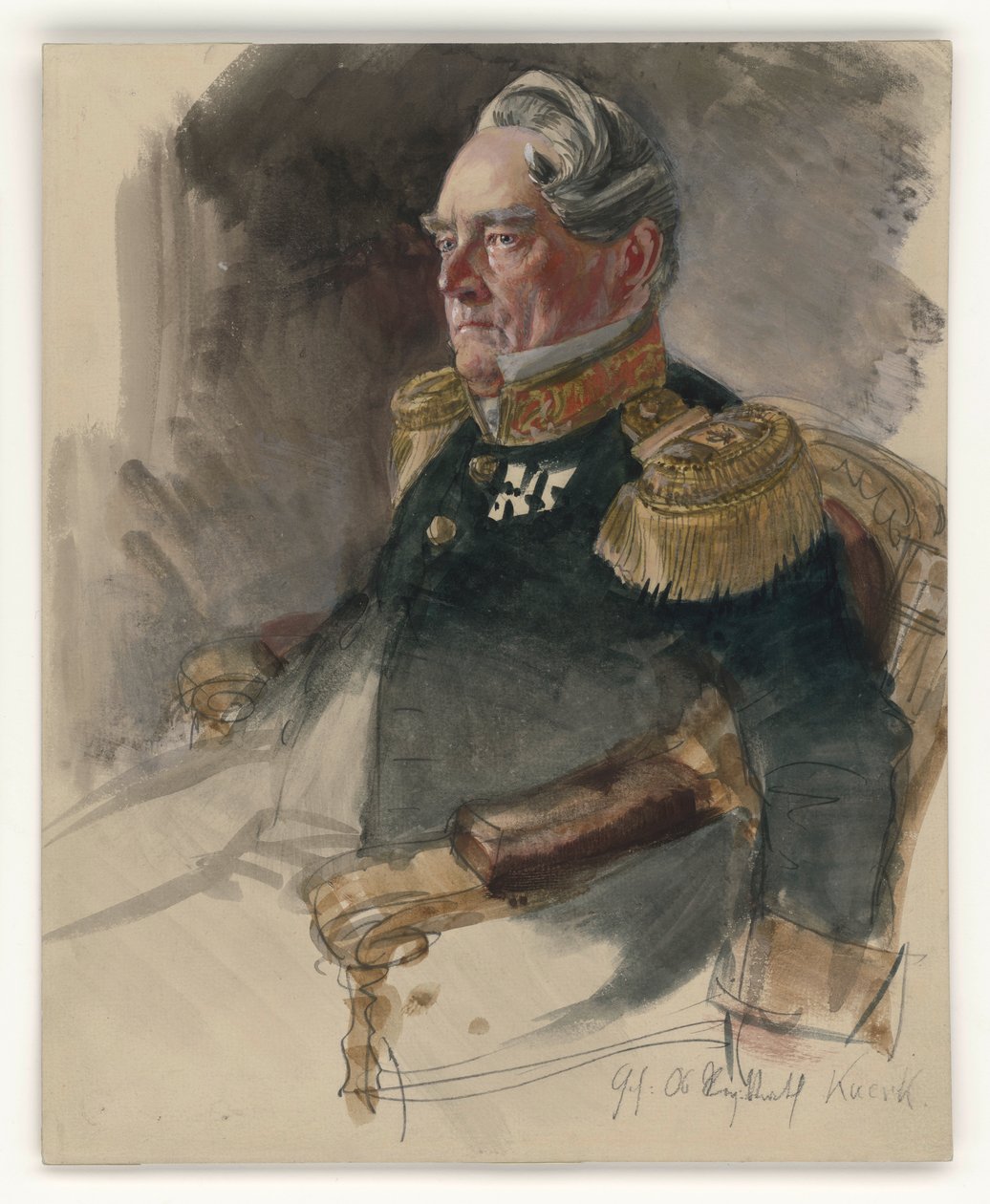Överregierungsrat Knerk, bröstbild åt vänster, 3/4-profil, med namnet på den avbildade personen, porträttstudie till målningen ”Wilhelm I:s kröning i Königsberg” av Adolph Menzel
