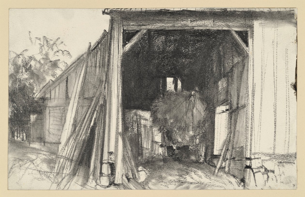 En öppen ladugård, med en vagn lastad med halm inuti av Adolph Menzel