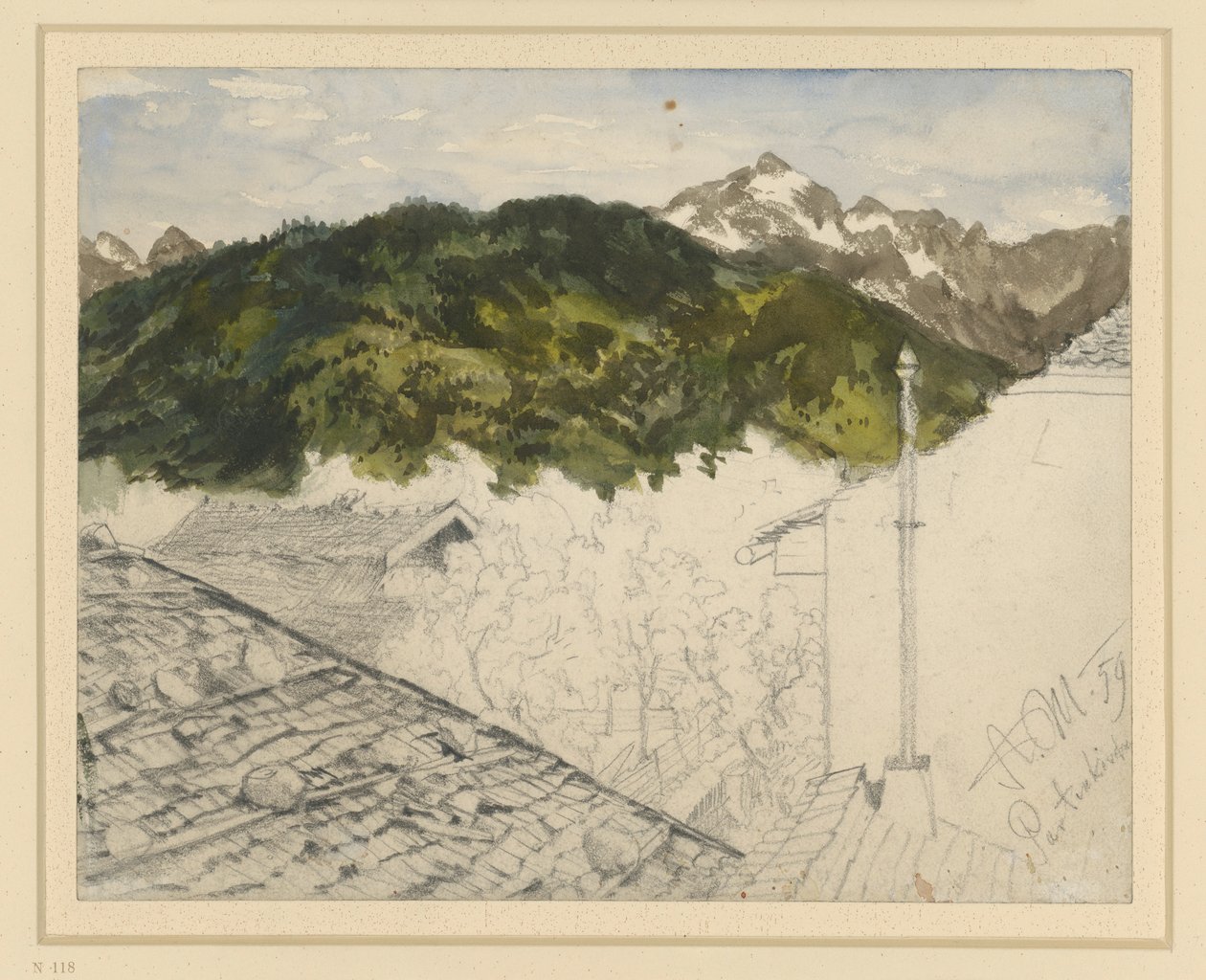 Partenkirchen, utsikt över bergen och bondgårdar av Adolph Menzel