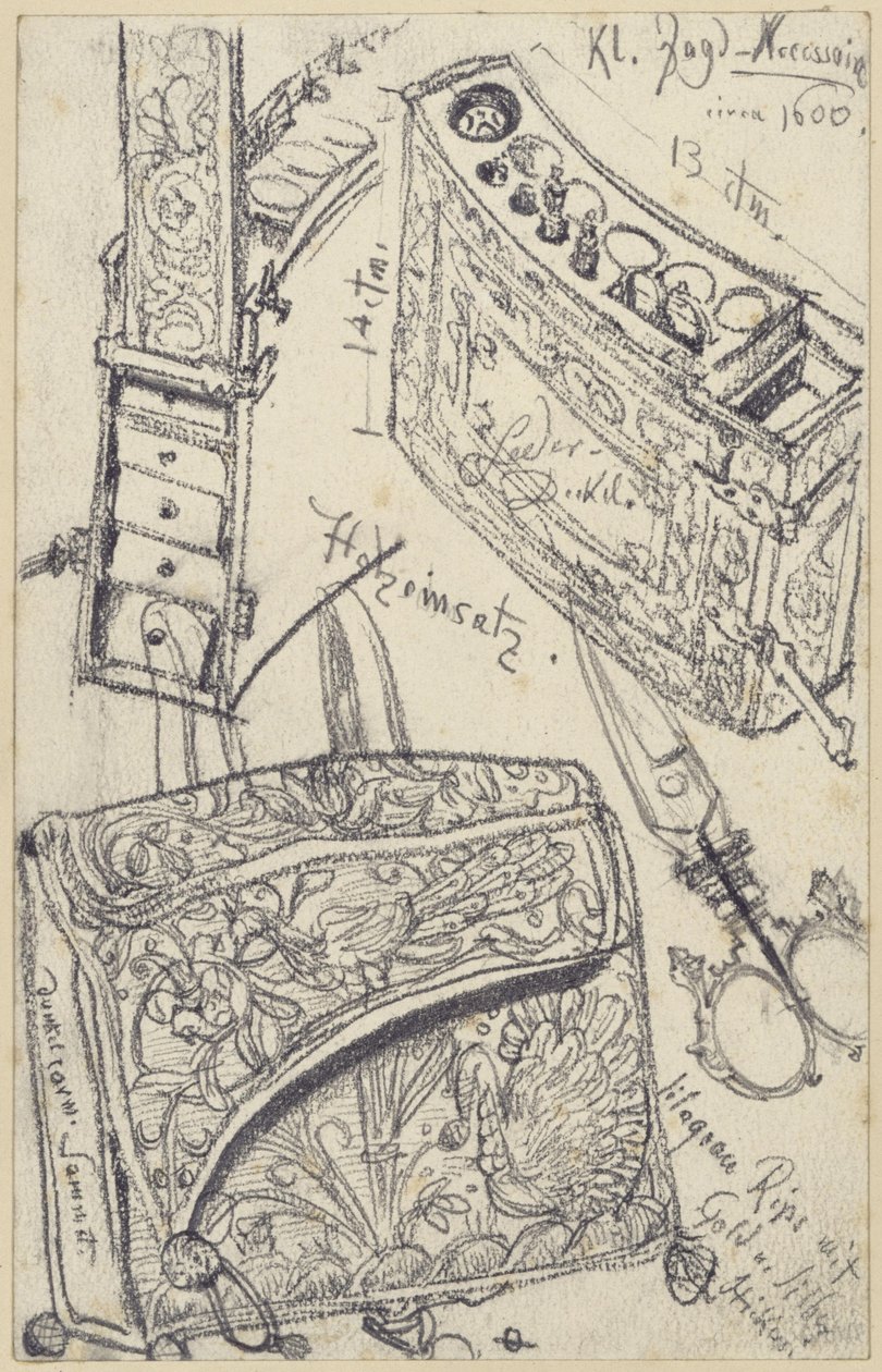 Patronväska med reseläkemedelskit till kurfursten Johann Georg I av Sachsens jaktsadel från år 1618, Historiska museet, Dresden av Adolph Menzel