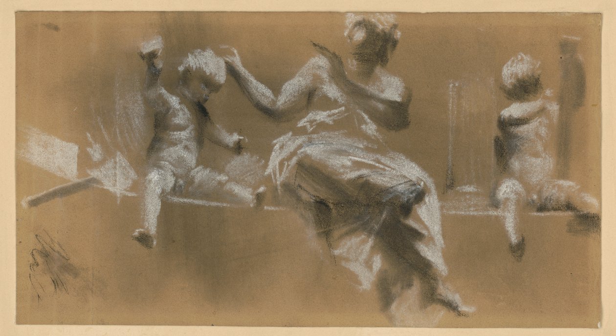 Relief på en taklist, allegorisk kvinnlig figur flankerad av putter som symboliserar måleriet (höger) och skulpturen (vänster), jfr kat. 159 av Adolph Menzel
