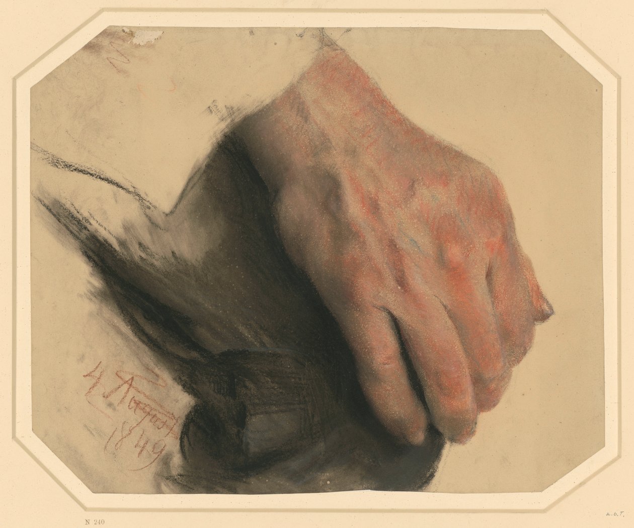 En mans högra hand vilande på hans knä av Adolph Menzel
