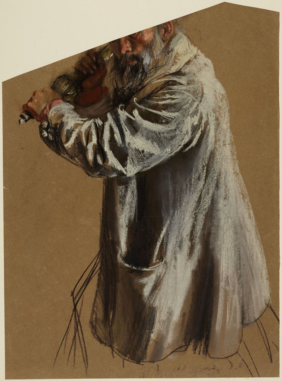Kjol på en äldre, skäggig man med lyktgrepp, knäparti åt vänster, beskuren ovanför ögonen av Adolph Menzel