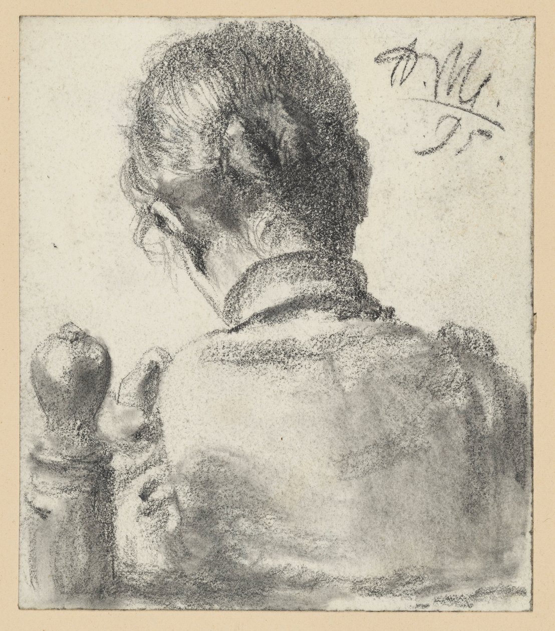 En kvinna sedd bakifrån när hon sitter på en stol av Adolph Menzel