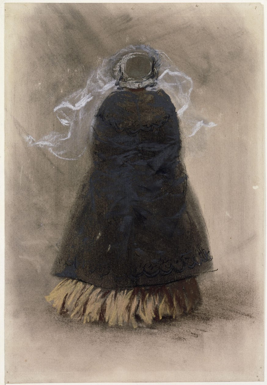En dam sedd bakifrån med hatt och fladdrande slöja av Adolph Menzel