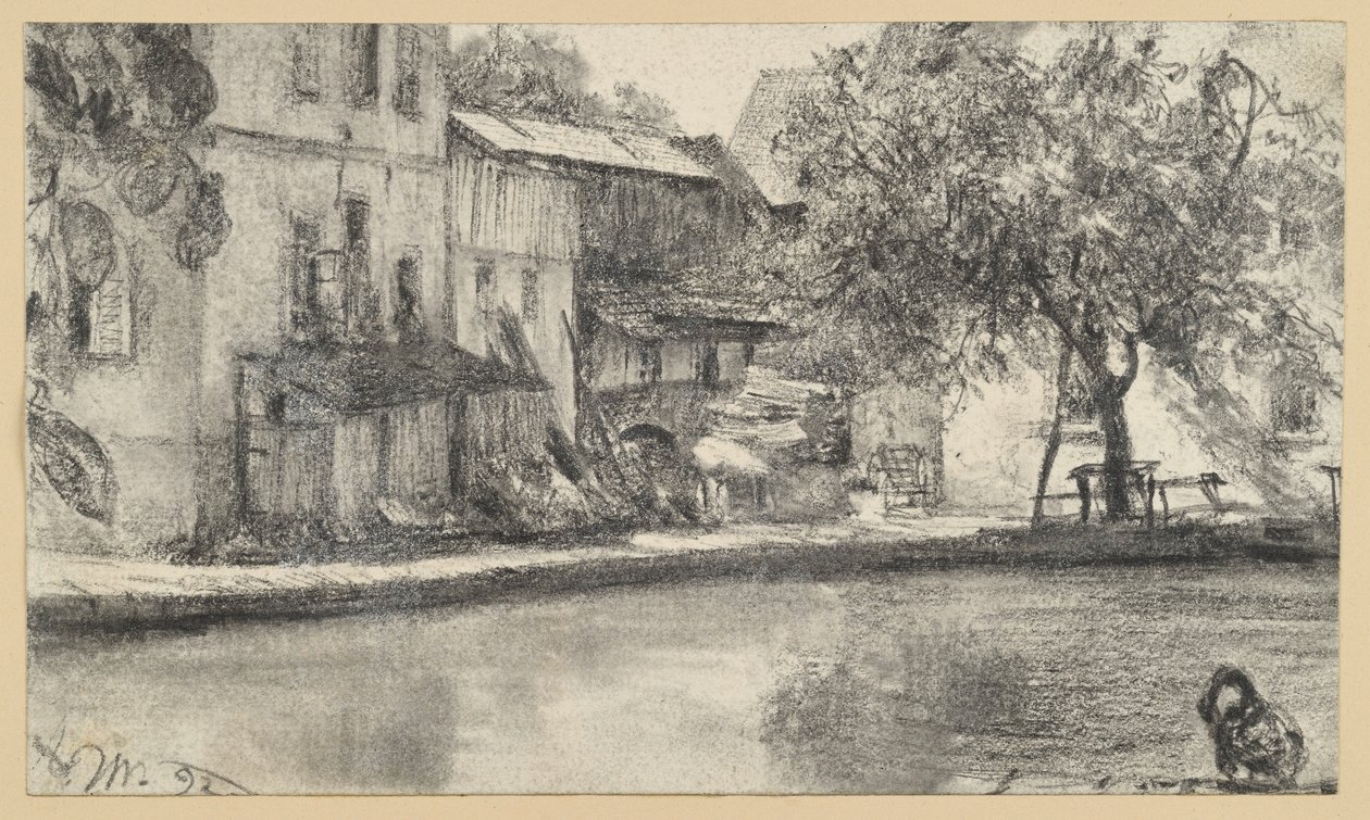 Baksidan av en husrad och träd vid vattnet av Adolph Menzel