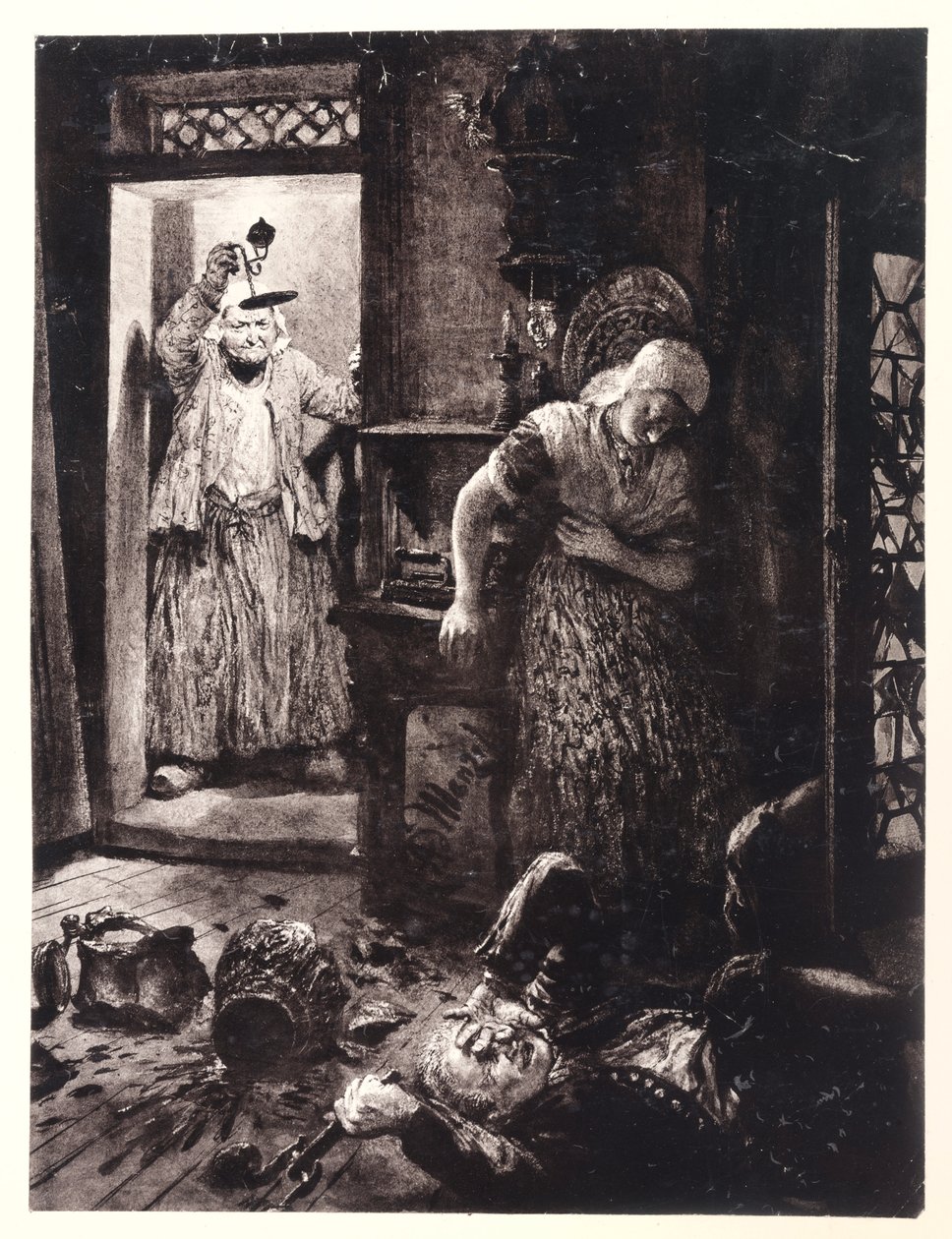 Ruprecht, med dörrhandtaget i handen, ligger på golvet i Evas rum. Marthe kommer in med lampan – ur Heinrich von Kleists ”Den trasiga kannan” av Adolph Menzel