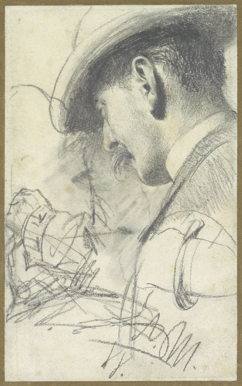 Skissblad med en herre med mustasch och hatt, sedd snett bakifrån, förutom några detaljer av Adolph Menzel