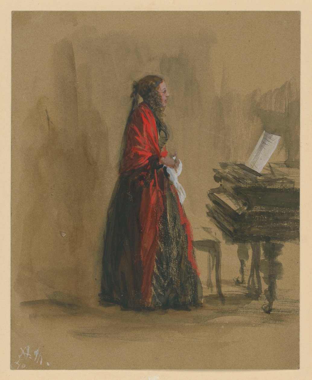 Sjungande kvinna stående vid en flygel, i profil åt höger av Adolph Menzel