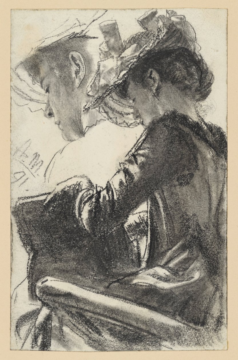 Sittande kvinna med hatt, en bok i händerna, huvudet upprepat av Adolph Menzel