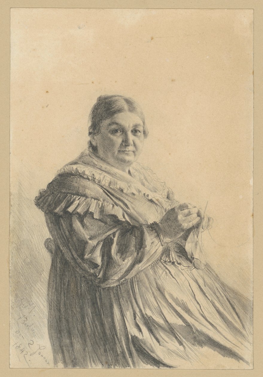 En sittande äldre kvinna med stickad strumpa av Adolph Menzel