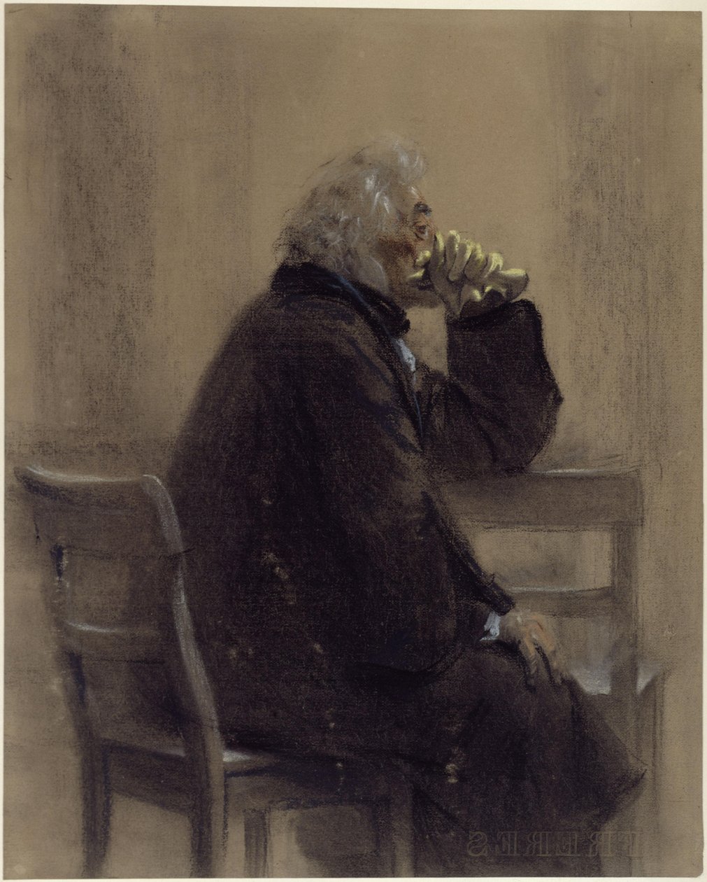 En äldre man som sitter, klädd i en överrock med handskar och knäskydd; profil mot höger av Adolph Menzel