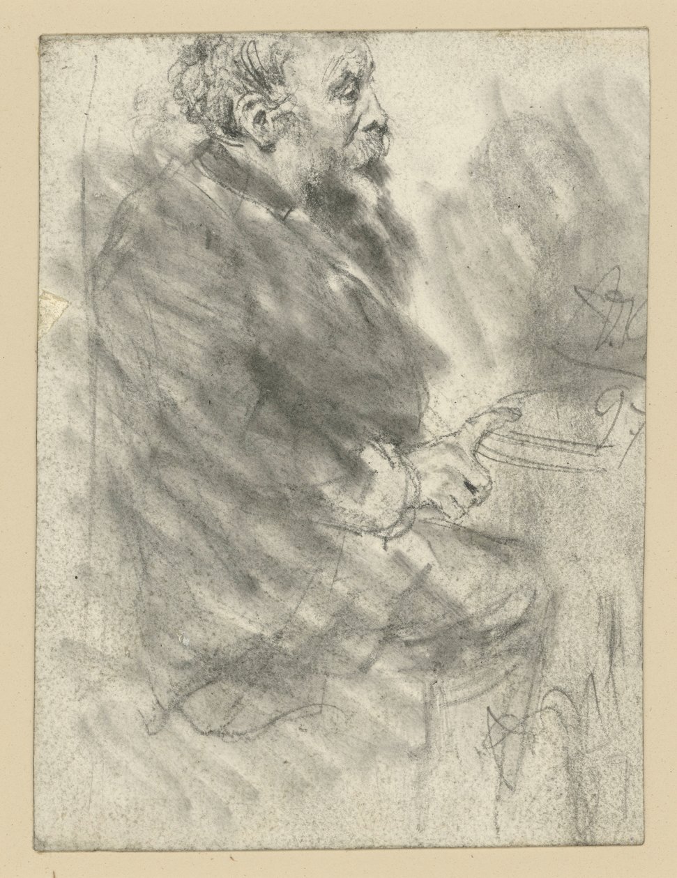 En sittande, skäggig man, vänd mot höger, med höger hands pekfinger utsträckt och vilande på bordsskivan av Adolph Menzel